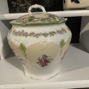 Vintage Biscuit Barrel/Cookie Jar with Florals & applied Gold decor Estate